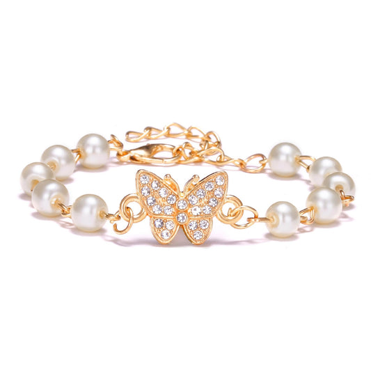 Dreuyet Pearl Beaded Bracelet for Women Trendy Cubic Zirconia Butterfly Starfish Cross Star Statement Bracelets Christmas Wedding Jewelry Gifts (butterfly)