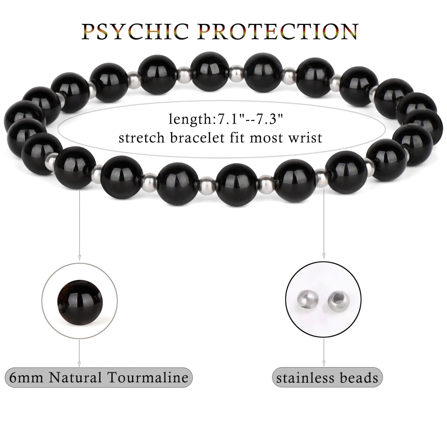 QOGIR Black Tourmaline - Psychic Protection - Stainless Silver Beads Natural Gemstone Stretch Elastic Dainty Healing Beaded Bracelets Gifts 6mm