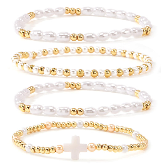 Bohxantium Pearl Gold Beaded Bracelets Set for Women White Cross Bracelet Stack Stretch 14K Gold Plated Beads Ball Stackable Non Tarnish Trendy Dainty Jewelry Friendship Christian Gifts for Women