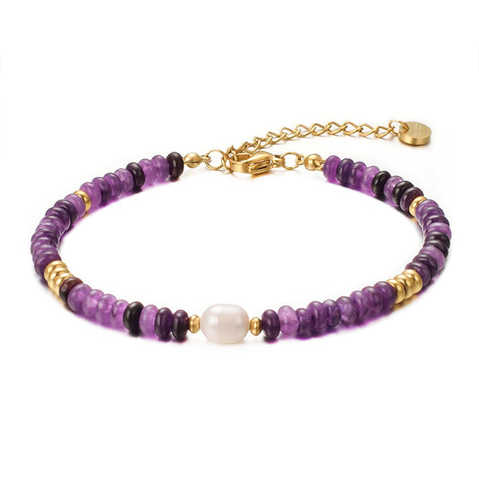 vissen Violet Natural Stone Bracelets for Women Beaded Necklace Freshwater Pearl Stainless Steel Gold Plated Bracelet Women Gift