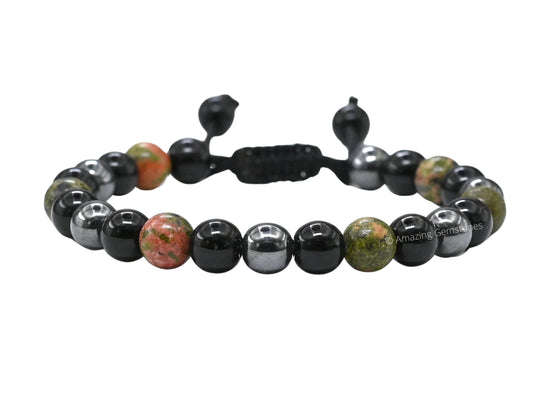 Amazing Gemstone Health Bracelet - Unakite Black Obsidian Hematite Bracelet Set for Men Women Healing Calming Anxiety Stress Relief Gifts Pulseras Para Hombres Mujer Stocking Stuffers (Adjustable)