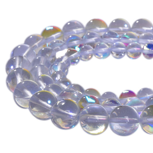 Asingeloo 60PCS 6mm White Angel Aura Round Gemstones Polished Mermaid Aura Moonstone Beads Smooth Stone Loose Beads Crystal Quartz for DIY Jewelry Making 1 Strand 15”