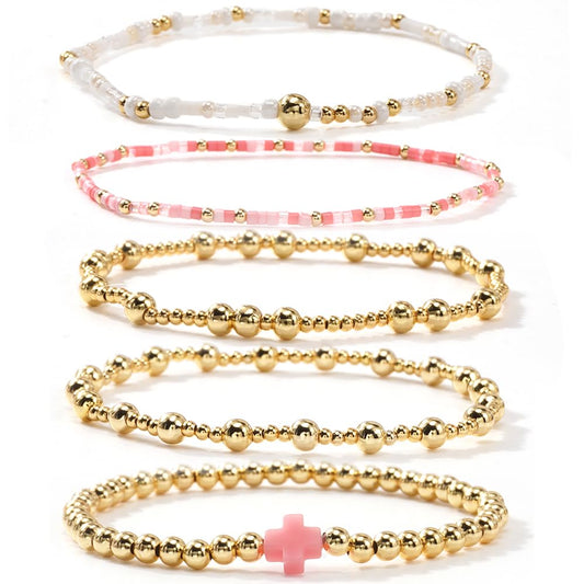 Cross Gold Beaded Bracelet Stack for Women,Dainty Bohemian Stretch Pink Seed Beads Stackable Bracelets Set Fashion Party Holiday Birthday Accessories Jewelry Gift Friendship