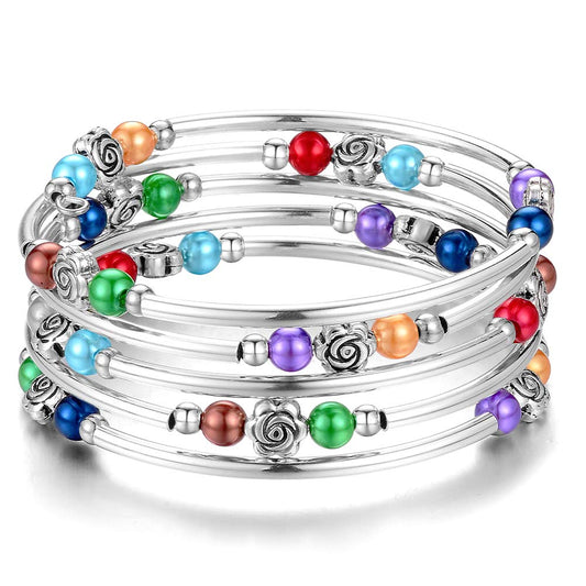 BULINLIN Wrap Bangle Rose Bead Bracelet - Beaded Bracelet with Natural Agate Stone Gifts For Women(01-Colorful pearl)
