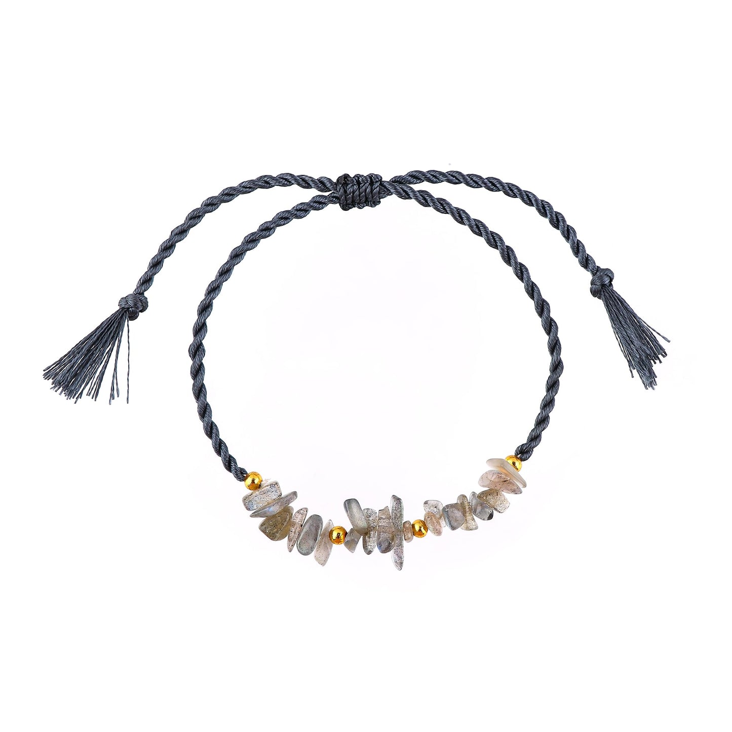 GEMSYMPHONY Labarodite Gemstone Chips Rope Bracelet – Adjustable Handmade Crystal Chip Bead Bracelet for Women & Men, Natural Stone Healing Jewelry, Boho Style, Unisex Spiritual Gift (Labarodite)