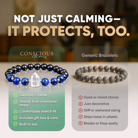 Conscious Items Negativity Bracelet for Women & Men, Blue Tiger’s Eye, Clear Crystal Quartz, & Black Obsidian Bracelet for Grounding & Energy Protection