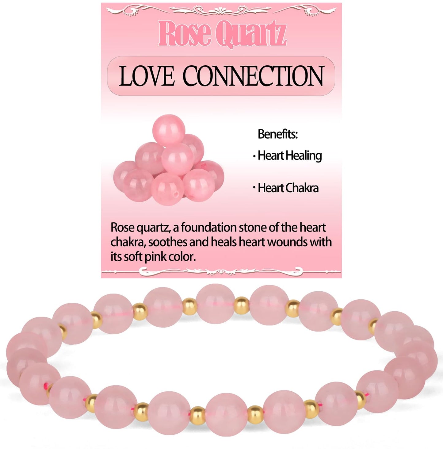 QOGIR Rose Quartz - Love Connection - 14K Gold Plated Beads Natural Gemstone Stretch Elastic Dainty Healing Beaded Bracelets Gifts 6mm