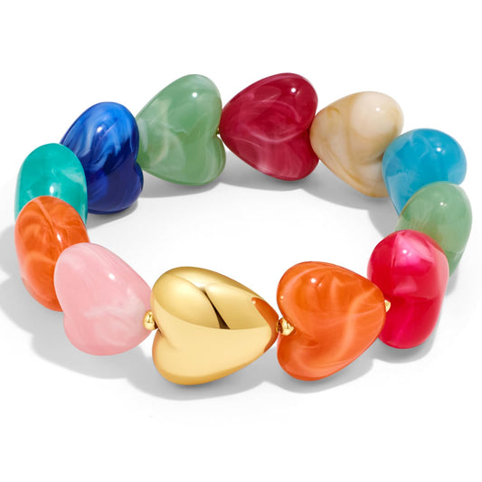 FAUTHENTICUTE Colorful Heart Bead Bracelet for Women with Chunky Gold Heart Charm Boho Beaded Stretch Bracelet Stack Chunky Rainbow Bead Strand Bracelets for Summer Beach Jewelry Gift