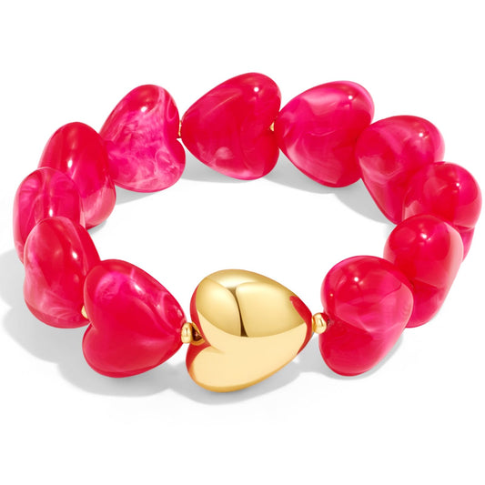 FAUTHENTICUTE Hot Pink Bead Strand Bracelet for Women Boho Fuchsia Red Beaded Statement Bracelet With A Puffy Heart Charm Chunky Stretch Bracelets For Summer Vacation Beach Jewelry Gift