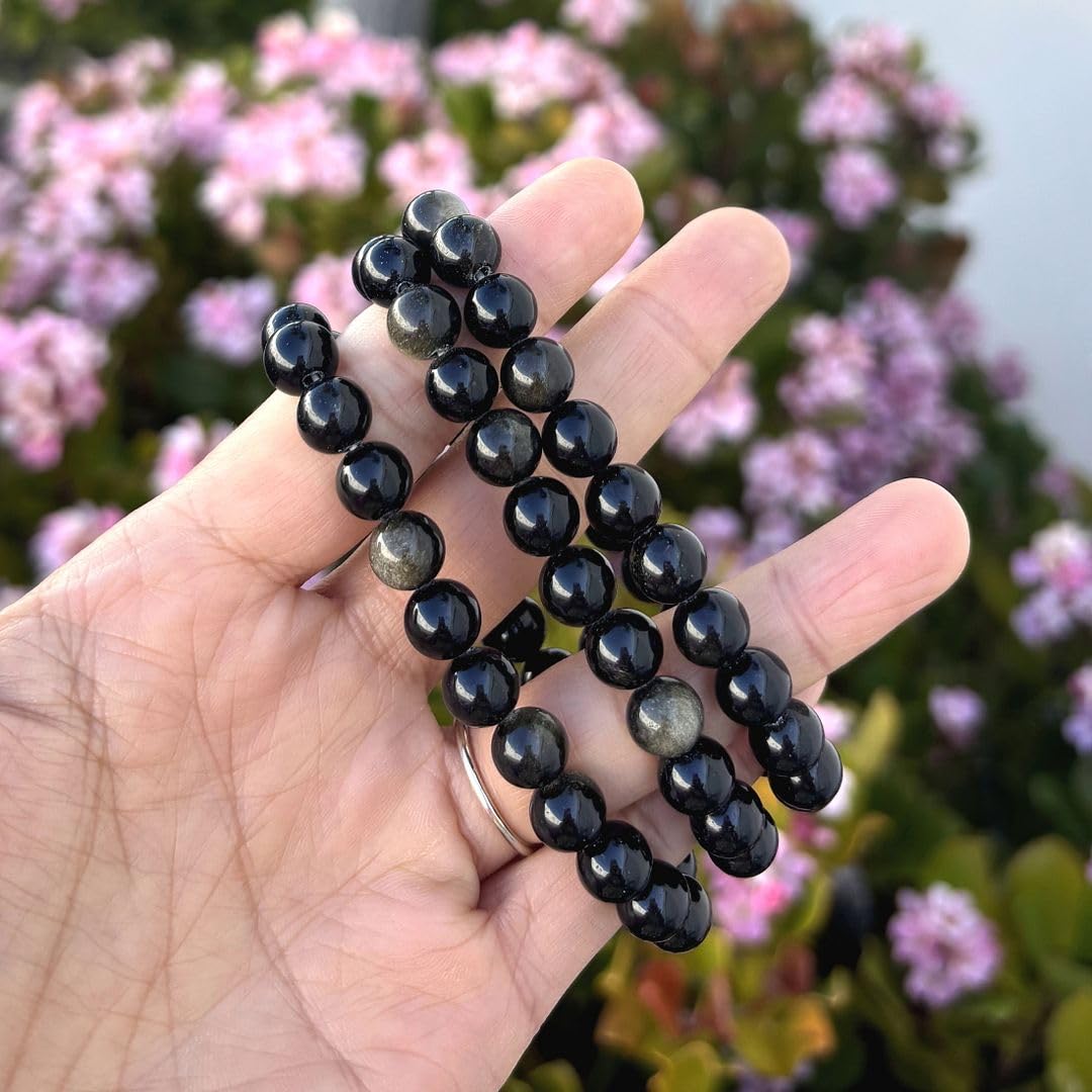 Adabele Real Natural Gold Sheen Obsidian Gemstone Beaded Bracelet 8.5 inch Stretch Chakra Healing Crystal Stone Jewelry Energy Quartz Rock GB8-D24