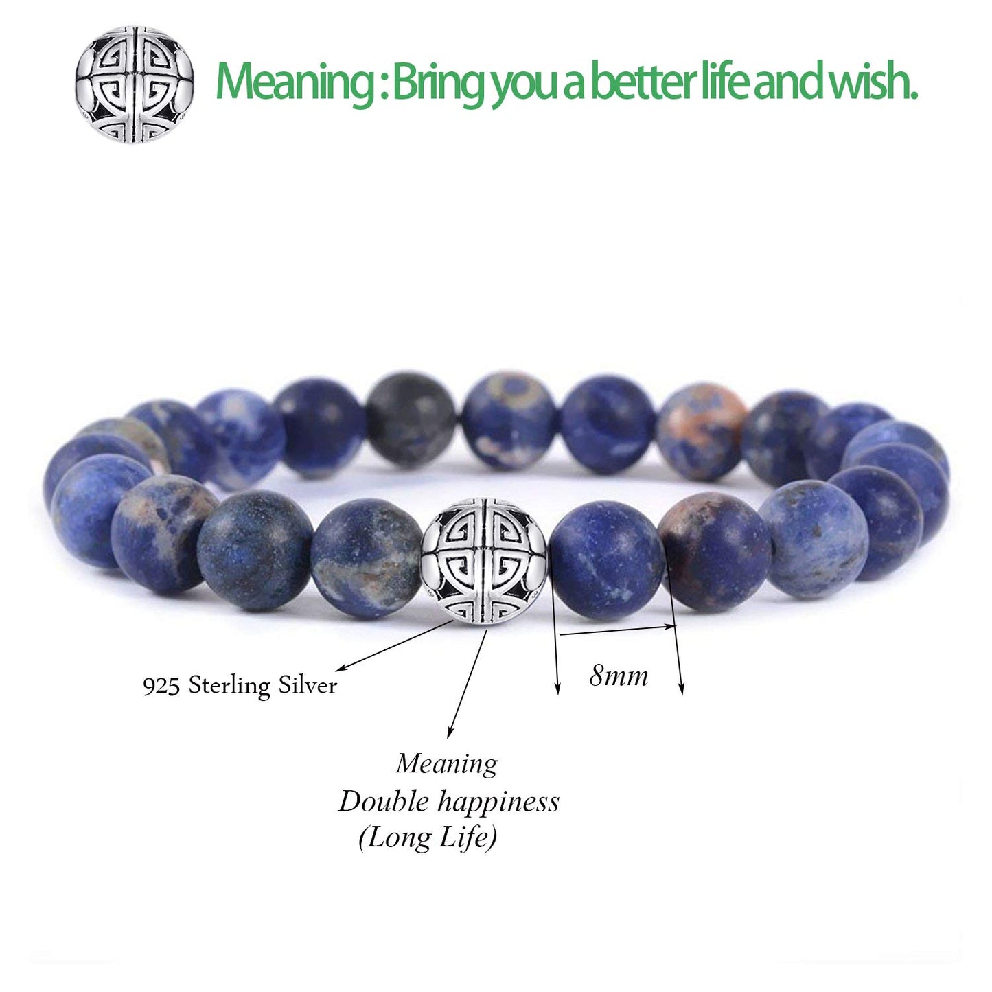 MetJakt Healing Crystals Beaded Bracelets for Womens Natural Gemstone 8mm Beads Stretch Bracelets with 925 Sterling Silver Double Happiness Pendant (Sodalite)