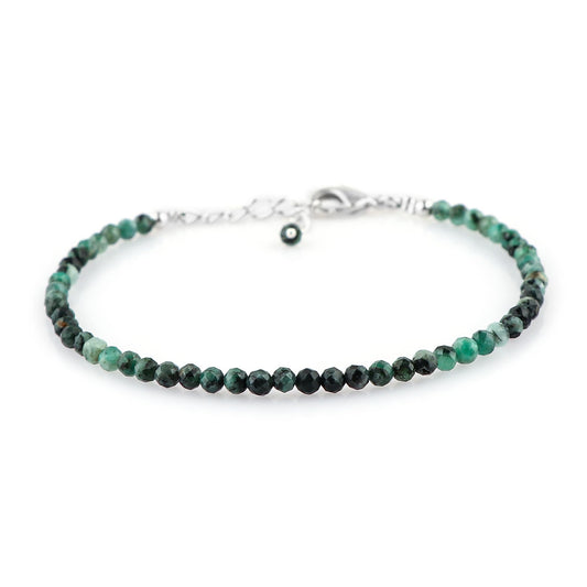 CRYSTALINES Natural Shaded Emerald Gemstone Bracelet, Faceted Beads Stones, Handmade Hypoallergenic Boho Jewelry for Women, Healing Crystals, Adjustable Silver Plated 7+1inch, May Birthday Gift