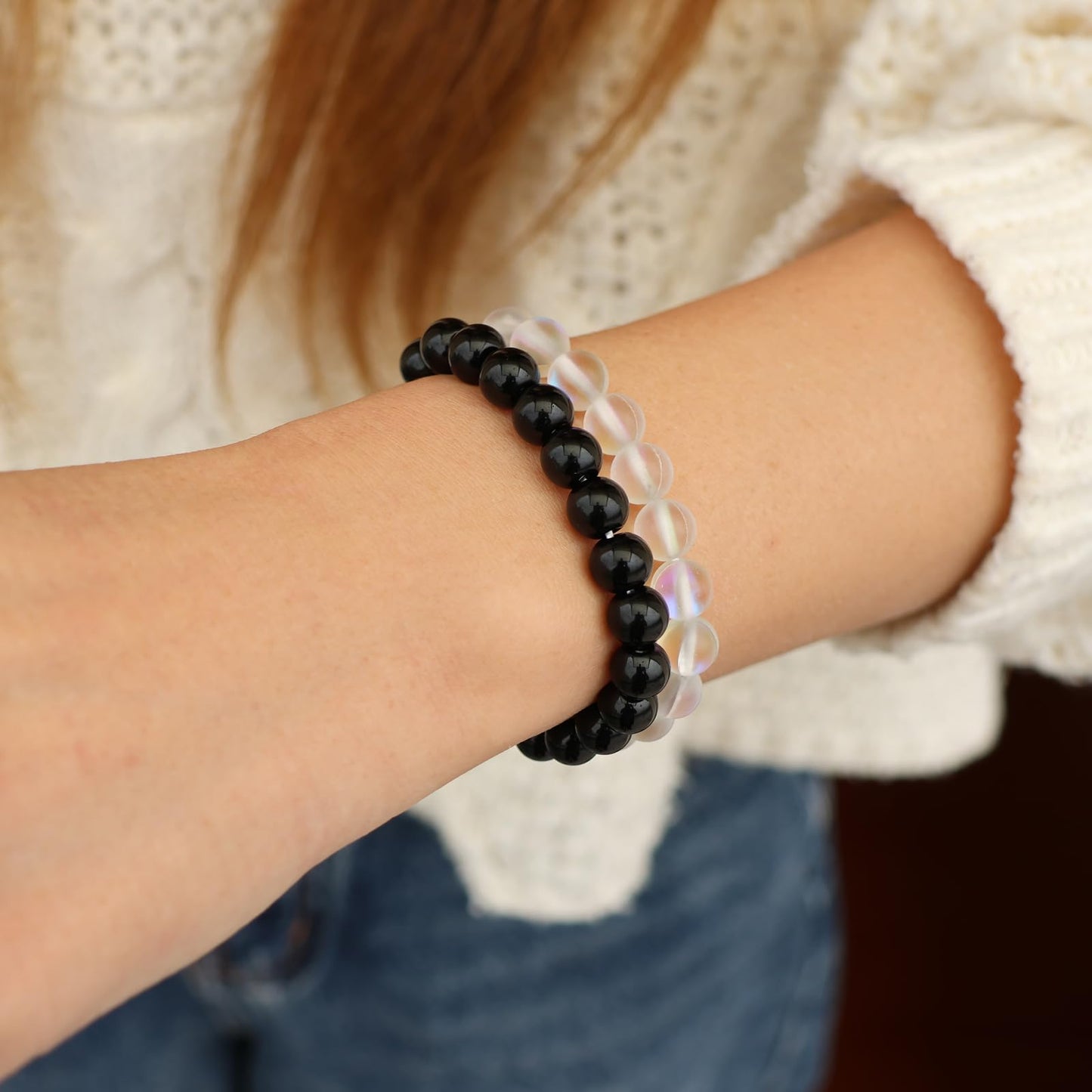 Risyfjew 3 PCS Moonstone Healing Crystal Bracelets Women 8mm NaturalMoonstone Stone Beaded Stretch Bracelet Crystal Gifts for Women