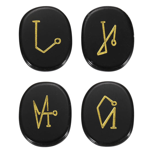 MECCANIXITY 4Pcs Engraved Chakra Stones with Reiki Symbols, Black Obsidian Reiki Healing Crystal Gemstone 7 Chakra Crystal Stones Tumbled Palm Stone for Anxiety Relieve