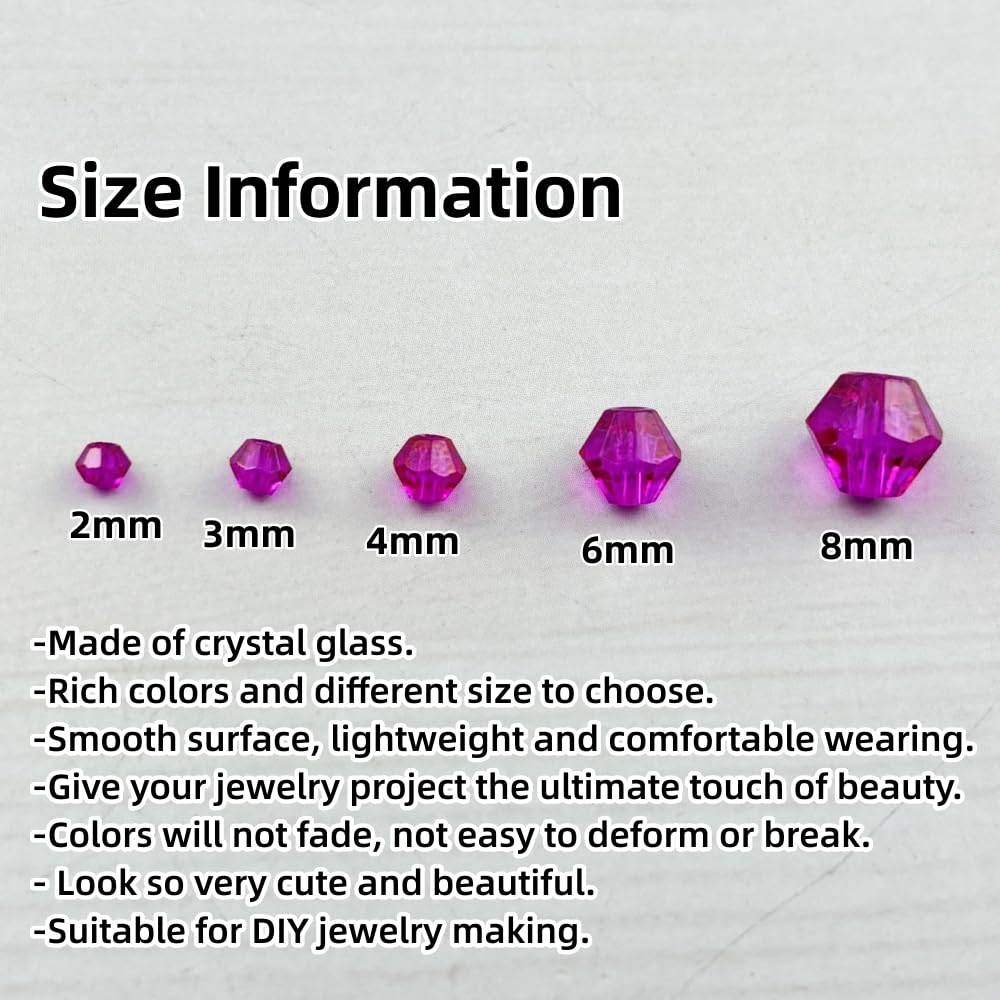 Pinhoollgo 1310pcs Bicone Crystal Glass Beads 2mm 3mm 4mm 6mm 8mm Faceted Crystal Spacer Beads for Bracelets Necklace Pendants Earrings DIY Jewelry Craft Making(Rose Red)