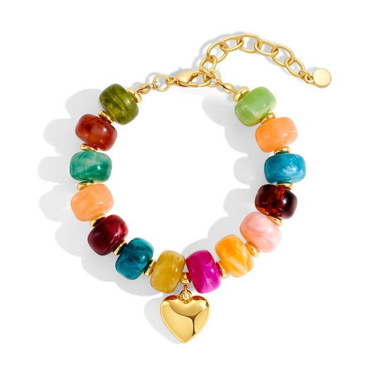 HUAYUNFANG Chunky Heart Bracelet for Women Boho Colorful Beads Bracelets Gold Puffy Heart Chram Bracelets Trendy Statement Jewelry
