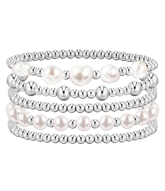 YAKEWA Gold Silver Beaded Bracelets Pack For Women, Adjustable Stretch Pearl Bead Ball Bracelet Stack Set Jewelry Small Gifts For Teen(Silver)