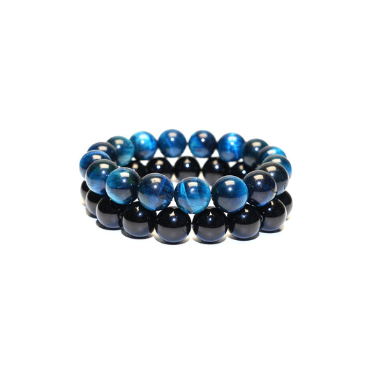 MTJAHPS Protection Bracelet, empath protection, black obsidian Crystals and Healing Stones Bracelet for Women ，Luck ，Anxiety and Stress Clam Bracelet (Obsidian + Blue Tiger Eye（14mm)-2 Pcs