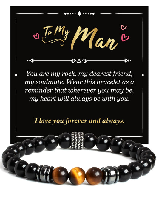 Landorilo Gifts for Men, 8mm Natural Stone Beaded Bracelets, Black Tourmaline & Tiger's Eye Healing Bracelet, Handmade Mens Jewelry Gift for Him, Husband, Son, Father, Friend(To My Son-8.3in)