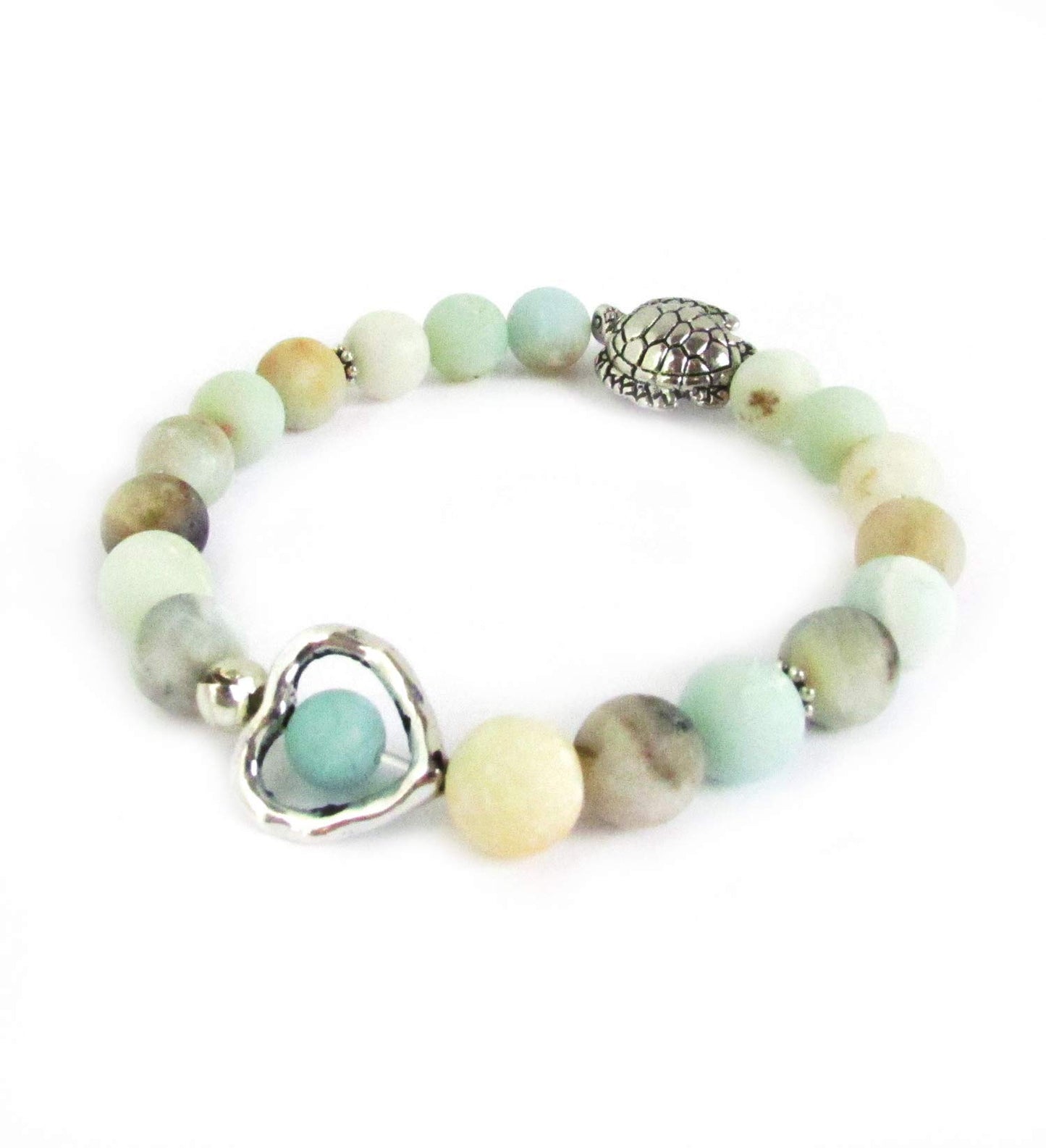 Sea Turtle and Heart Charm Bracelet with Amazonite Stones, Valentines Gifts for Women