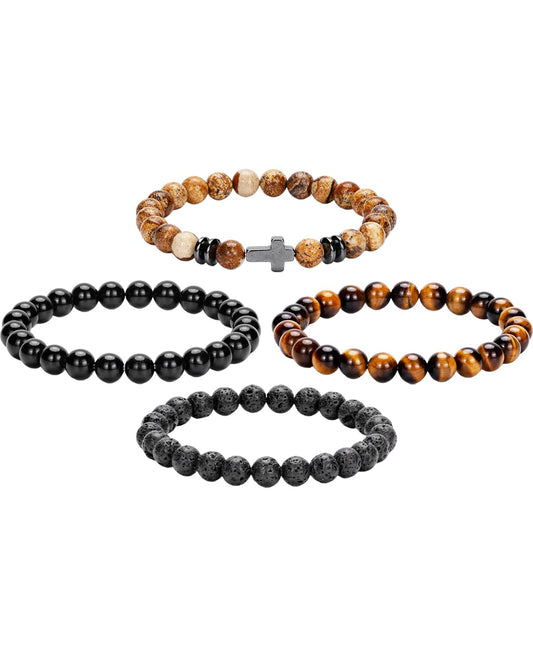 Crystery Men Beaded Bracelets, 8mm Natural Stone Bracelet, Healing Crystal, Jewelry Gifts for men, Triple Protection, Picture Stone, Tiger Eye, Black Obsidian Beads Bracelets, Lava Rock, Pack of 4