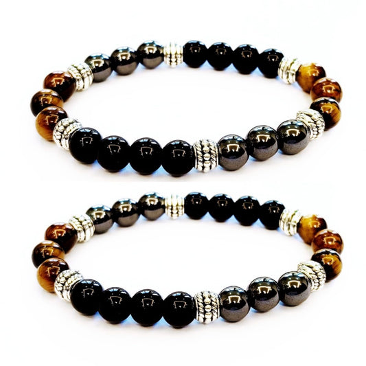WEFRIN Triple Protection Bracelet for Bring Luck and Prosperity Hematite Black Obsidian Tiger Eye Stone Bracelets for Men Women, Beaded Buddha Healing Rope Uni Bracelet (2pcs)