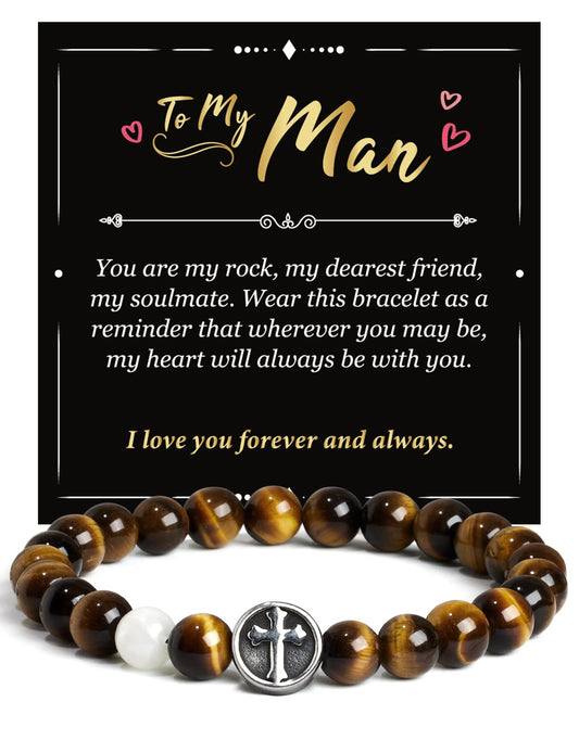 Landorilo Gifts for Men, 8mm Cross Natural Stone Beaded Bracelets, Yellow Tiger Eye Healing Bracelet, Handmade Mens Jewelry Gift for Him, Husband, Son, Father, Friend(To My Son-8.3in)