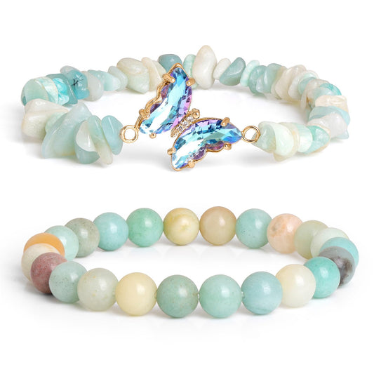 GolbalJew Amazonite Stone Bracelet for Women Healing Crystal Stone Bracelets Blue Gemstone Beads Stretch Bracelet Butterfly Charms Jewelry Women Gift