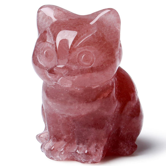 DUQGUHO Cat Decor Strawberry Quartz Cat Crystal Figurines Crystals Gifts for Cat Lovers Men Women Lucky Cute Cat Statue for Room Desk Decor 1PC