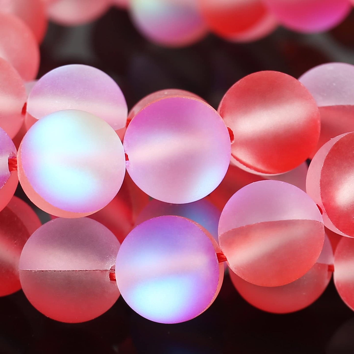 Matte Red Aurora Crystal Glass Beads, 8MM Frosted Glitter Shining Mermaid Round Loose Beads, Rainbow Holographic Synthetic Moonstone for Jewelry Making DIY Bracelet
