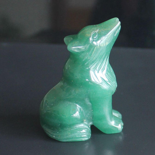HLbshi Hand Carved Gemstone Crystal Wolf Figurine Animal Statue Carving Office Home Decor Collections 2'' (Green Aventurine)