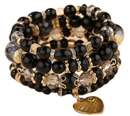 Jewellify Women's Beaded Bracelet Set - Colorful Boho Stackable Design with Crystal Accents - Trendy Fashion Bracelets Jewelry for Women, Alloy, no gem type (Black)