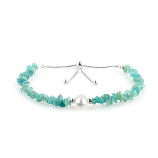 CRYSTALIS Natural Grandidierite Beads Slider Bolo Bracelet with Elegant Pearl, Uncut Chips Nuggets Crystals, Chakra Healing Gemstone, Women Jewelry, 925 Sterling Silver Slider 10 inch