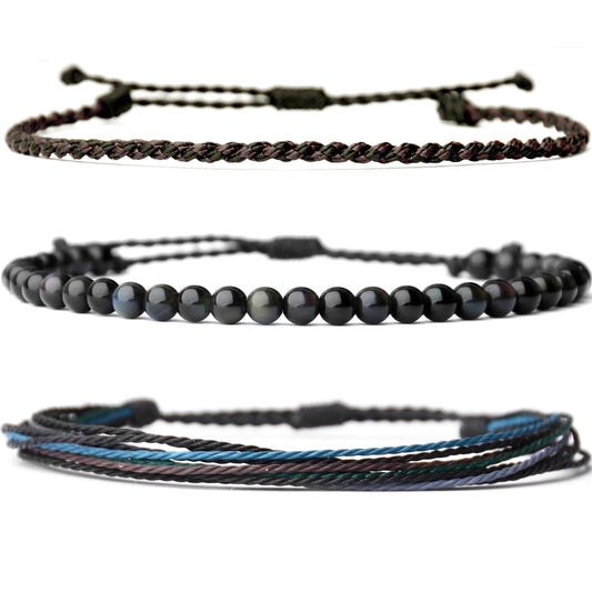 Handmade Natural Stone Beaded Healing Bracelet Gift for Men Adjustable Rope String Bracelet (Colorful Obsidian, Adjustable)