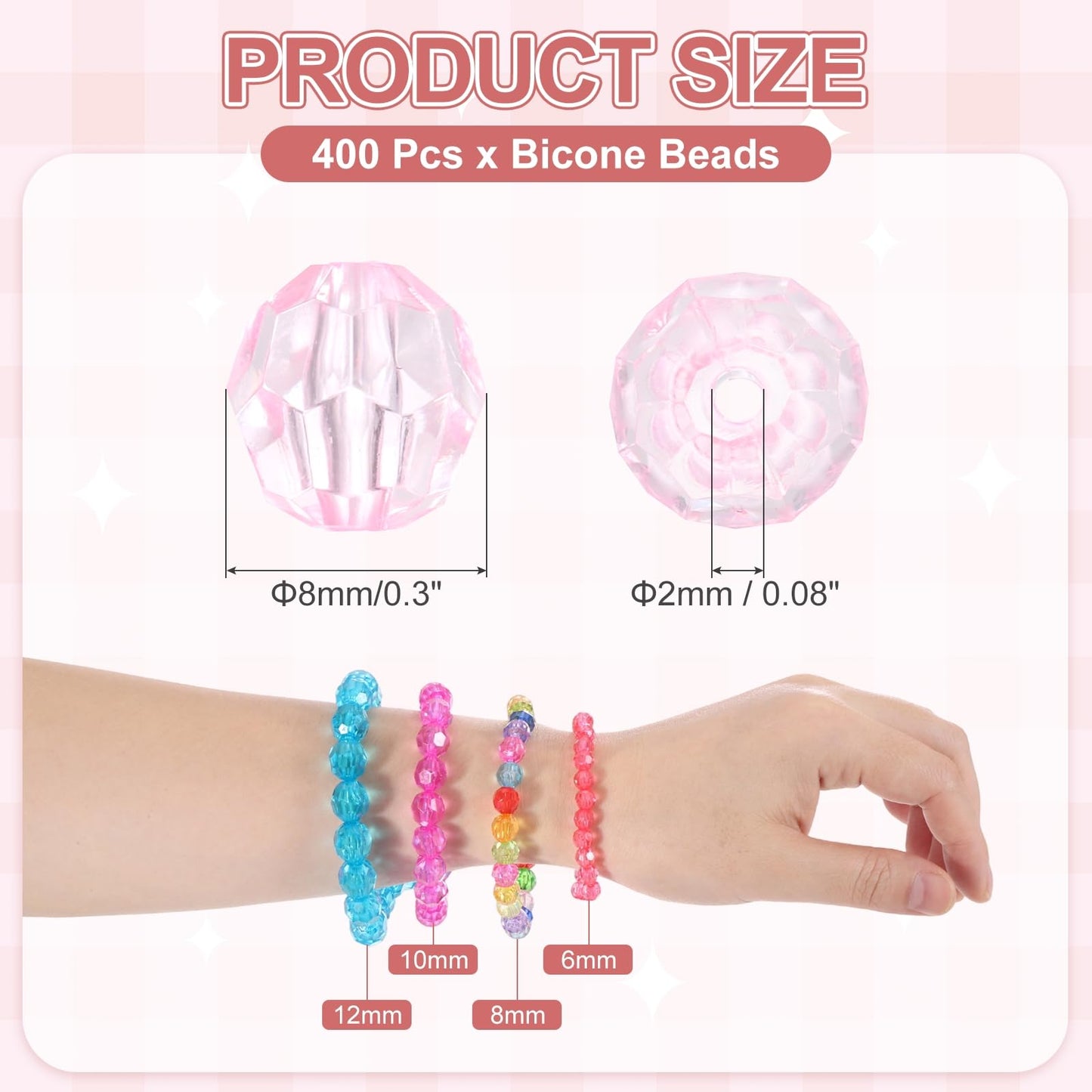 MECCANIXITY 400pcs Czech Faceted Bicone Beads 8mm Glass Spacer Bead Bulk for Jewelry Making & DIY Craft, Pink