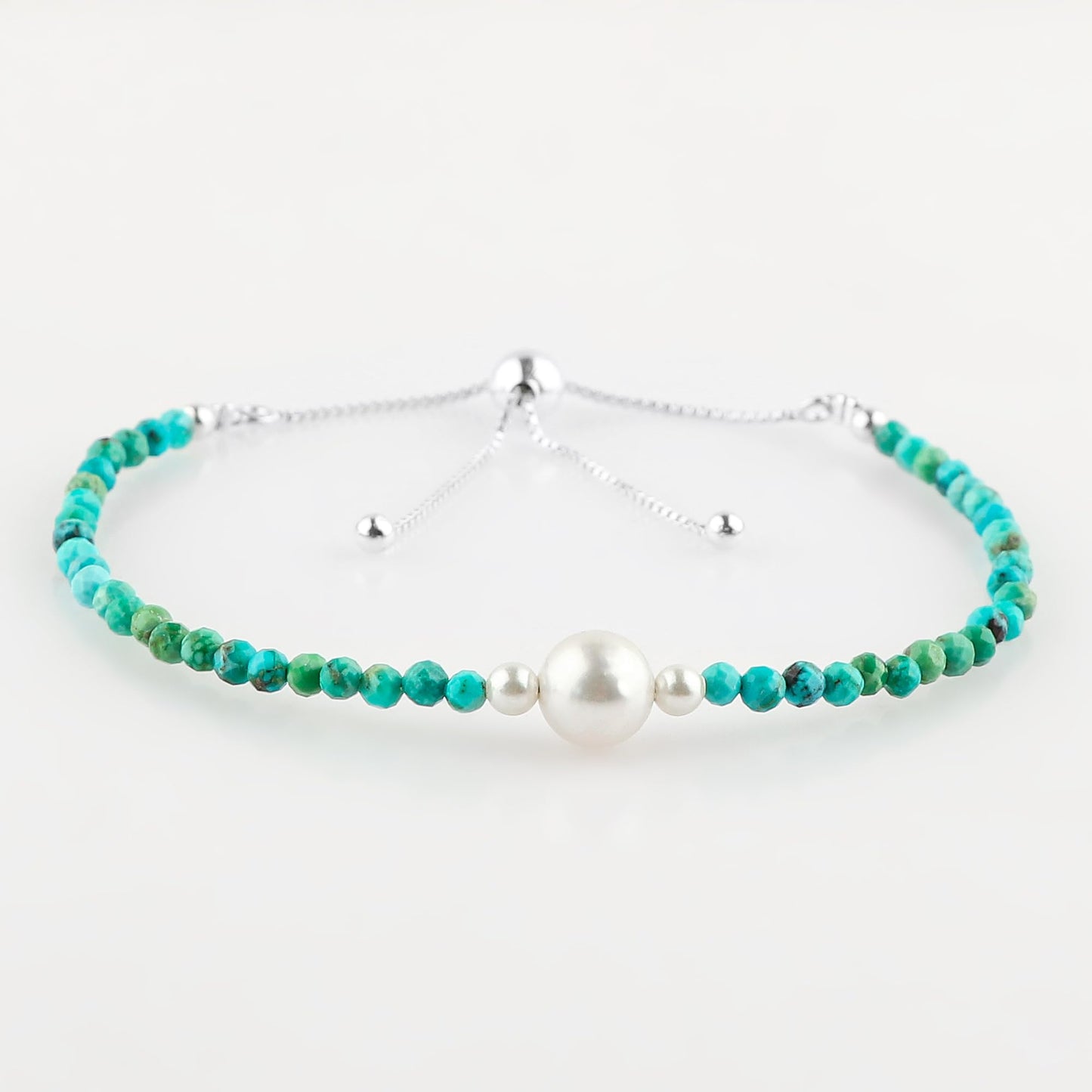 CRYSTALINES Genuine Turquoise Gemstone Bolo Bracelet, Cultured Pearl Beads Stones, Hypoallergenic Handmade Boho Jewelry for Women, Healing Crystals, Silver Chain 6+4inch, December Birthday Gift