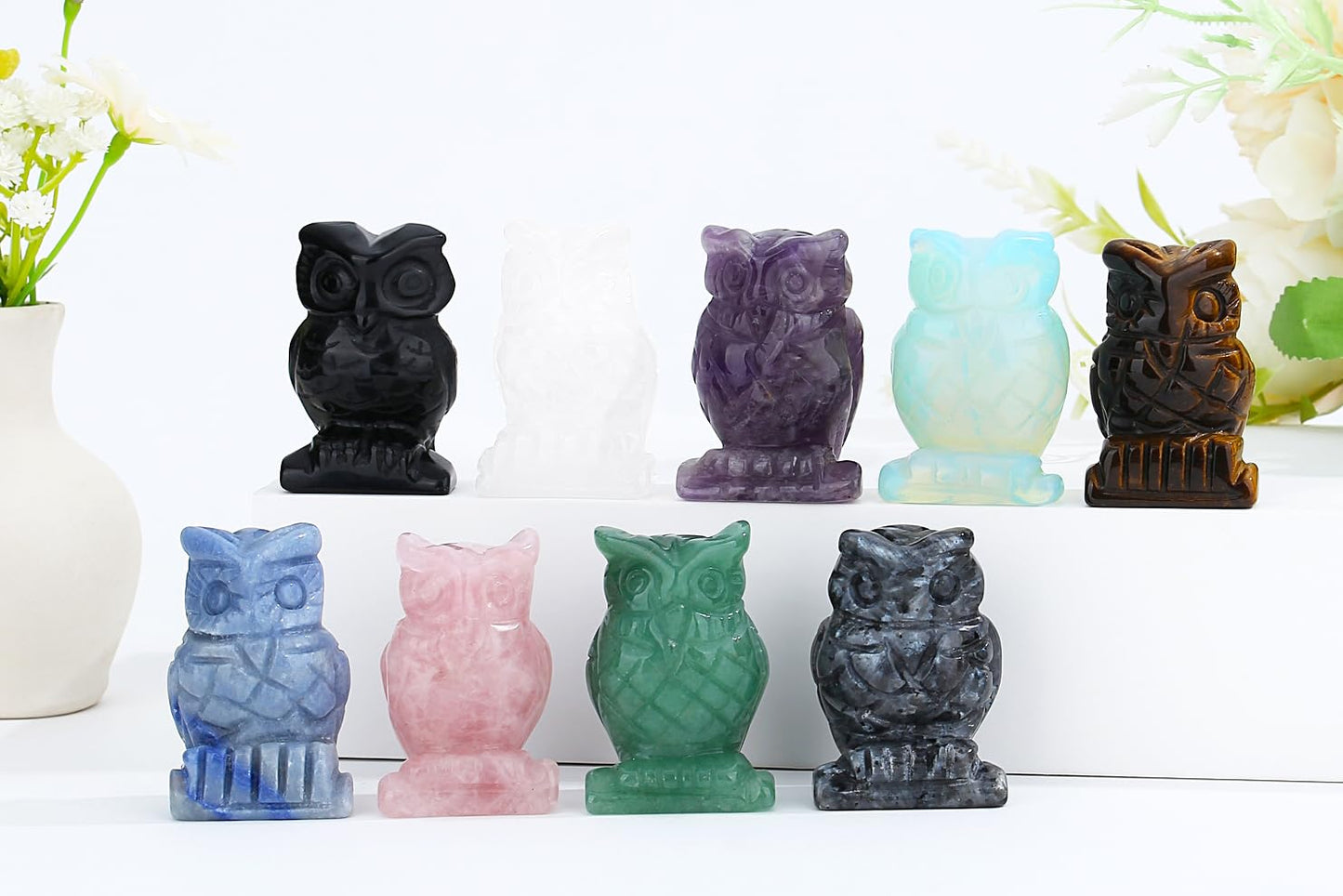 YATOJUZI 2” Owl Decors Natural Rose Quartz Crystals Stones Pink Cute Decor Polished Hand-Carved Sculpture Statue Figurines Gemstone Home Office Desk Decoration Reiki Energy Gifts