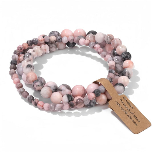 CINSKYING 3Pcs Healing Crystal Pink Zebra Jasper Bracelets for Women Men 8mm 6mm 4mm Natural Stone Beaded Stretch Bracelet Jewelry Gifts for Women Girl Teen for Mom Daugter (T5-Pink Zebra Jasper)