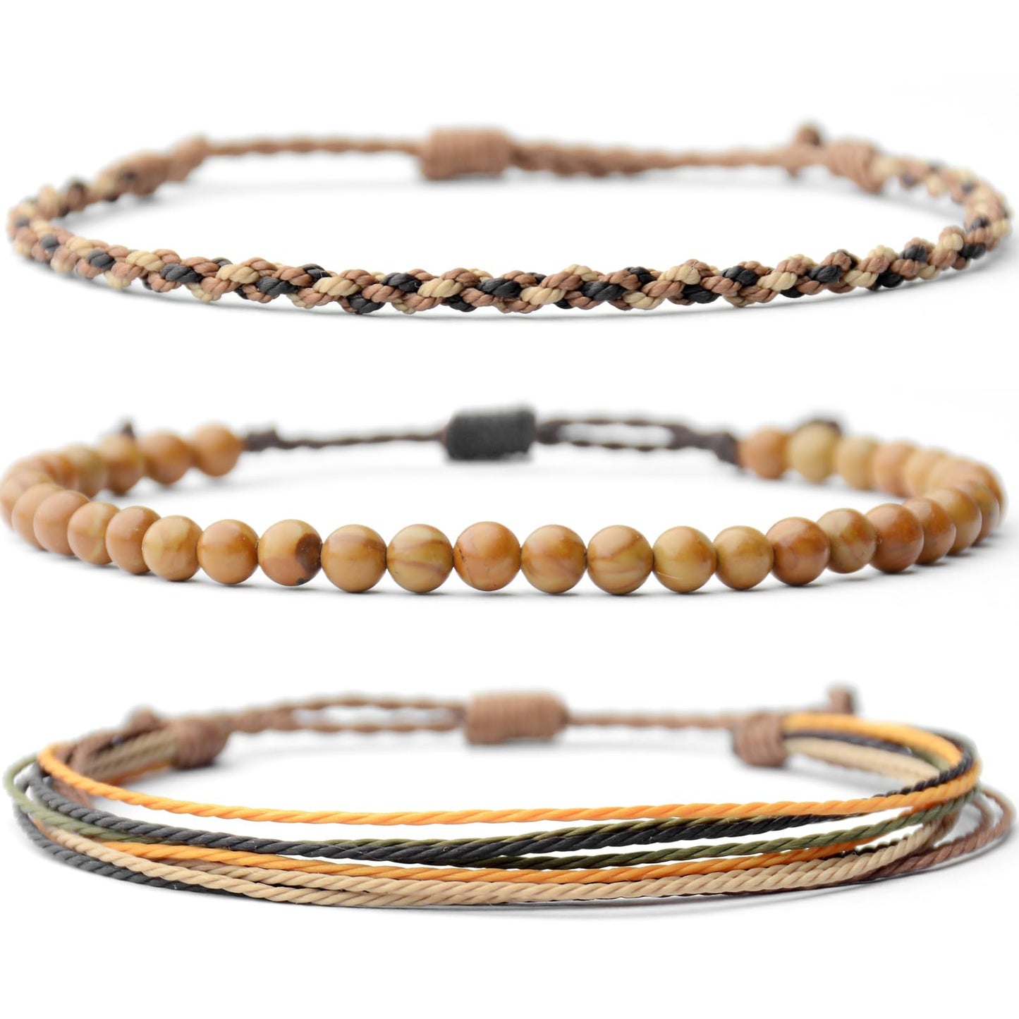 Handmade Natural Stone Beaded Healing Bracelet Gift for Men Adjustable Rope String Bracelet (Wood-Grain Yellow, Adjustable)