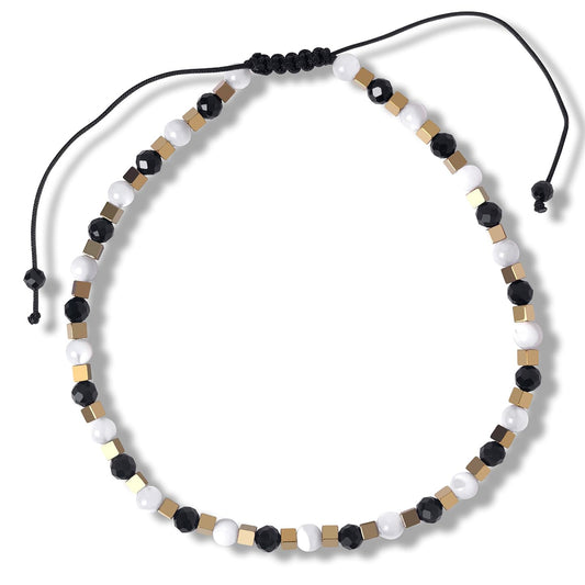BEADSENER Black Onyx Adjustable Charming Bracelet for Women, 3mm Natural Shell Gemstone Hematite Stone Beads, Pull String Slider Metal Free Design Waterproof, Gift for Her Daily Wear