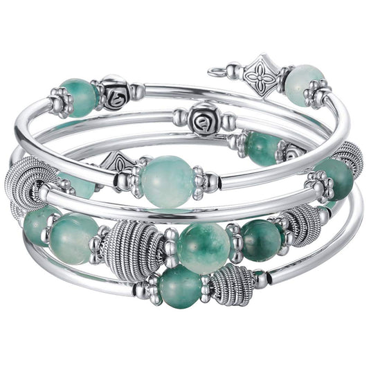 PEARL&CLUB Beaded Chakra Bangle Turquoise Bracelet - Fashion Jewelry Wrap Bracelet with Thick Silver Metal and Mala Beads, Birthday Gifts For Women(Jade Green)