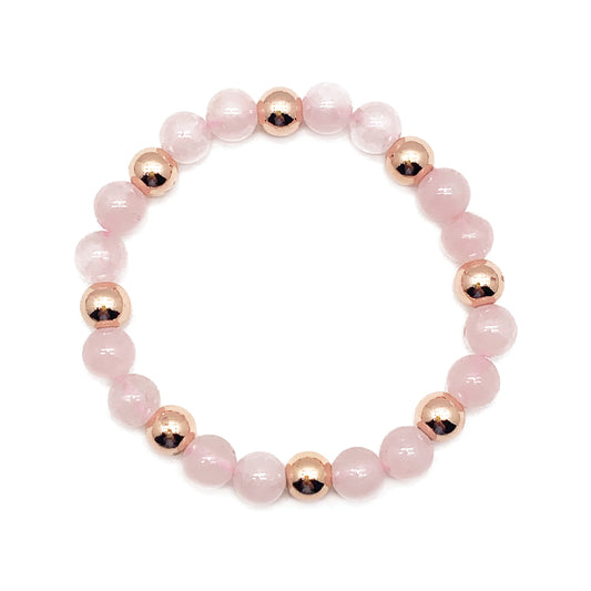 Joyfulmuze Rose Quartz 8mm Pink Gemstone, 14K Rose Gold Plated Brass, Love Stretch Bracelet, Birthday Jewelry Gift for Women, 7"(Rose-Gold-Rose-Quartz)