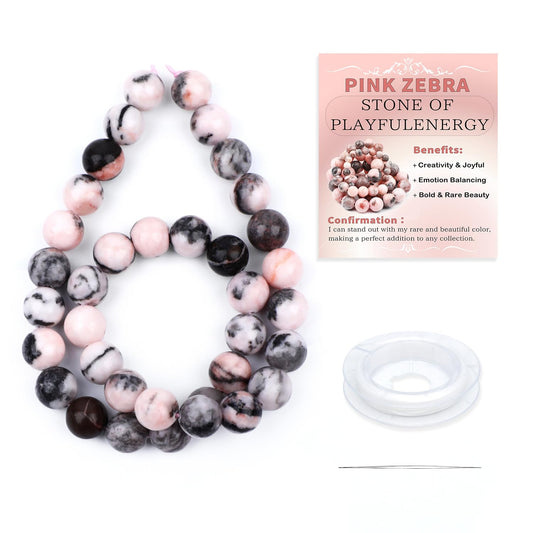 CMBYN Natural Stone Beads Round Genuine Real Stone Beading Strand Loose Gemstones DIY Smooth Bead for Bracelet Necklace Earrings Jewelry Making (Pink Zebra, 10mm 36 Pieces)