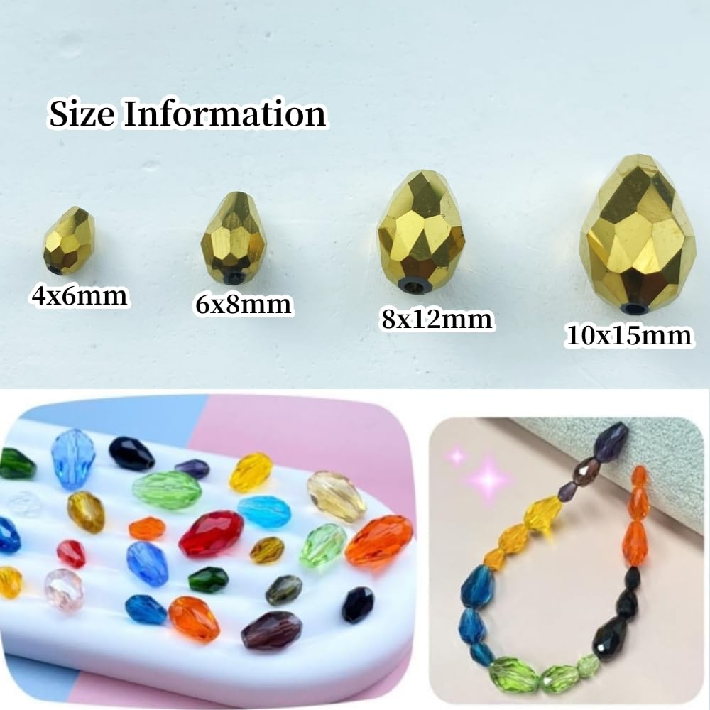 Honkoolly 50pcs 10x15mm Teardrop Crystal Glass Beads Vertical Hole Faceted Glass Teardrop Spacer Beads for Bracelets Necklace Earring DIY Jewelry Making Craft(Gold)
