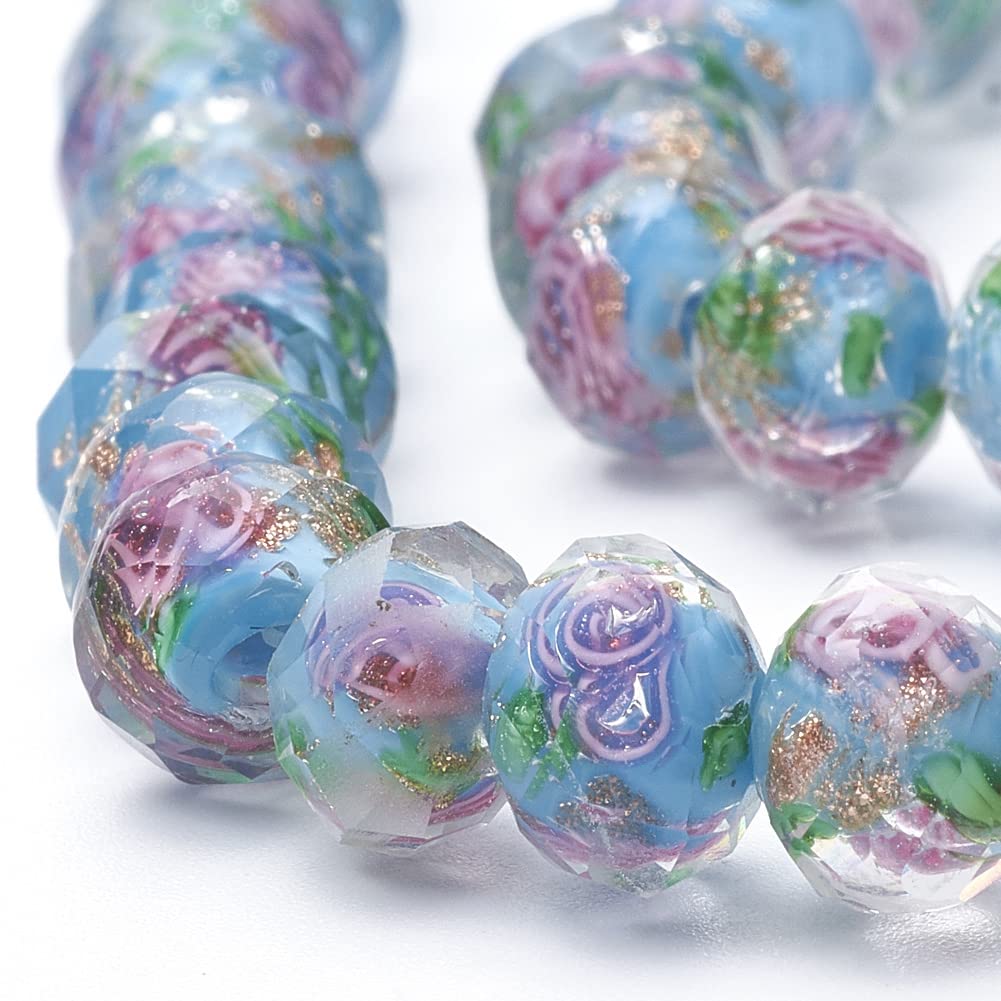 PH PandaHall 45pcs 9~12mm Gold Sand Lampwork Beads Glass Handmade Round Loose Beads for Rosary Making Jewelry Craft Making with 2mm Hole - Deep Sky Blue