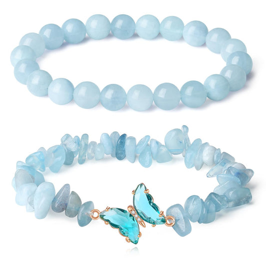 DUQGUHO 2PCS Aquamarine Bracelets Blue Bracelet for Women Natural Aquamarine Crystals Jewelry 8mm Butterfly Bracelet Gifts for Women