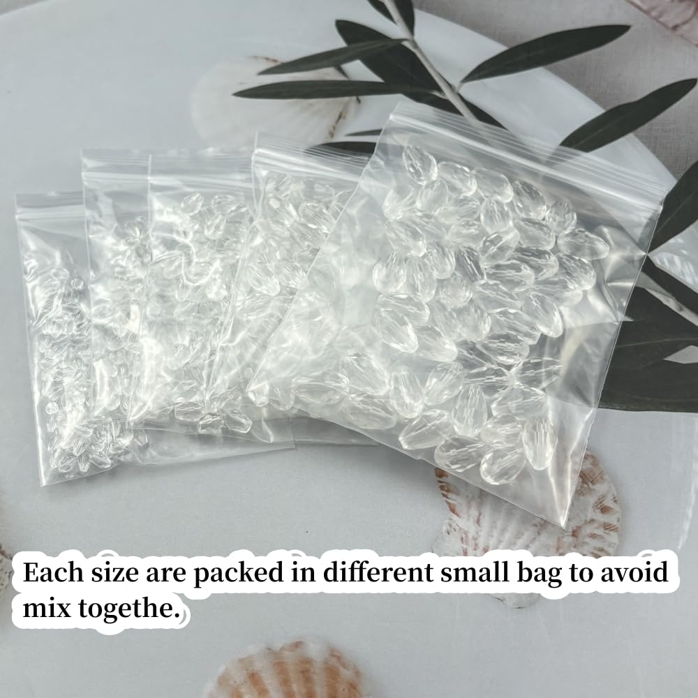 Xinhongo 340pcs Teardrop Crystal Glass Beads 3x5mm 4x6mm 6x8mm 8x12mm 10x15mm Vertical Hole Faceted Glass Spacer Beads for Necklace Bracelet Earrings DIY Jewelry Crafts(Transparent)