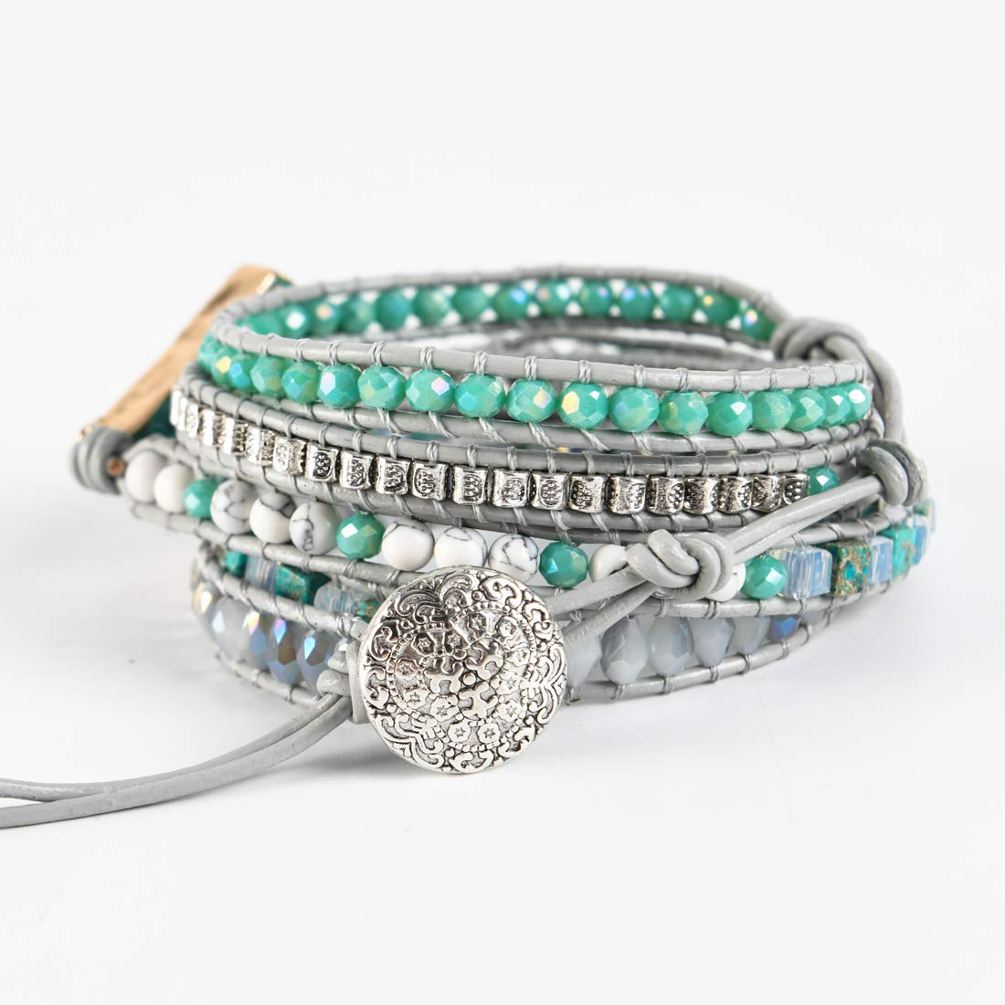 YGLINE Wrap Bracelets Crystal Beaded Bohemian Style Jasper Leather Woven Healing Stone Jewelry(Blue)