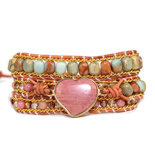 ZOSOJONA Women Wrap Bracelet Boho Natural Jasper Crystal Stone Beads Strand Bracelets (Rhodochrosite)