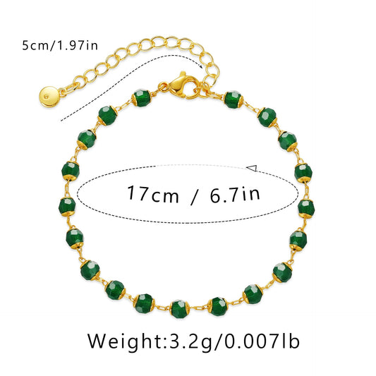 LSxAB Crystal Green Bracelet for Women Dainty Gold 18K Plated Adjustable Simple Curb Figaro Chain Gift Statement Bracelet Family Christmas Birthday Anniversary